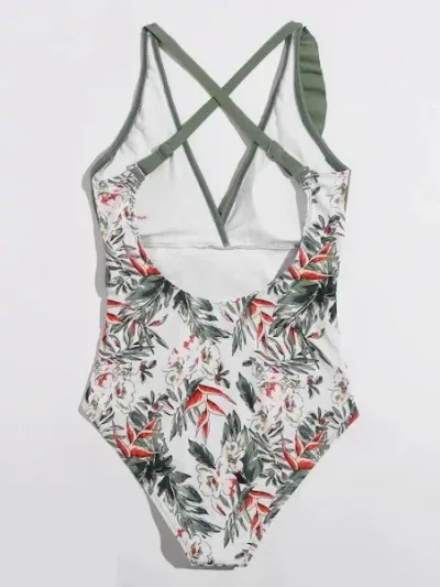 Vestido de baño para dama color verde con diseño tropical