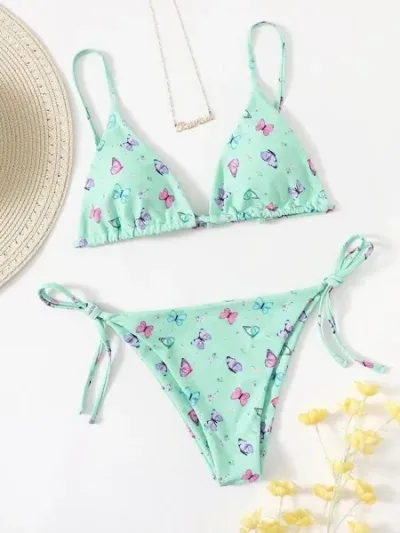 Vestido de baño para dama verde con diseño de mariposas