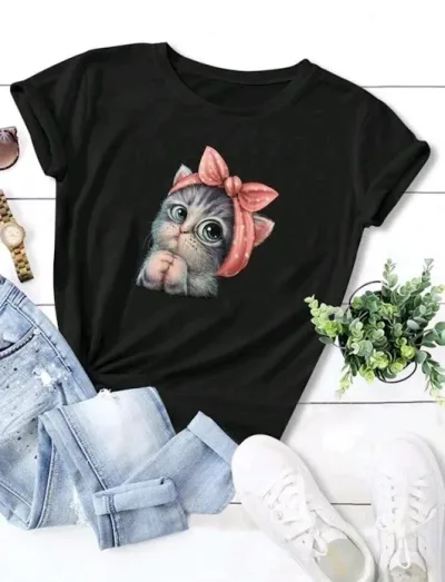 Camiseta para dama color negro con diseño de gato