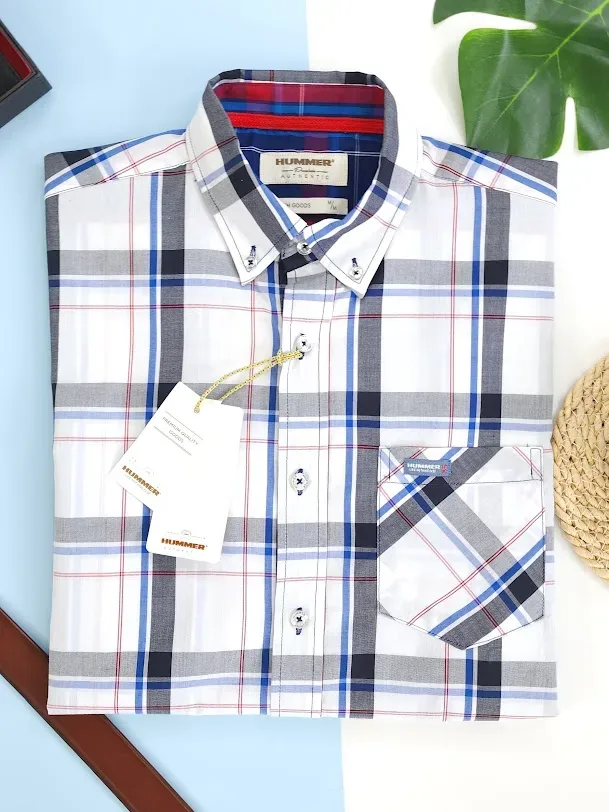 Camisa Hummer para caballero diseño a cuadros  blanco y azul