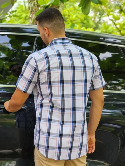 Camisa Hummer para caballero diseño a cuadros  blanco y azul