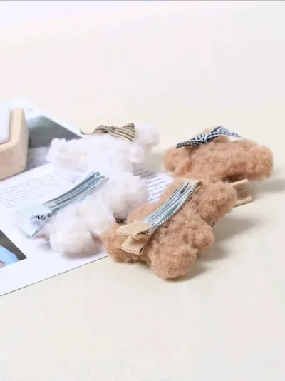 Set de prensas de cabello para dama diseño de osos color blanco y café