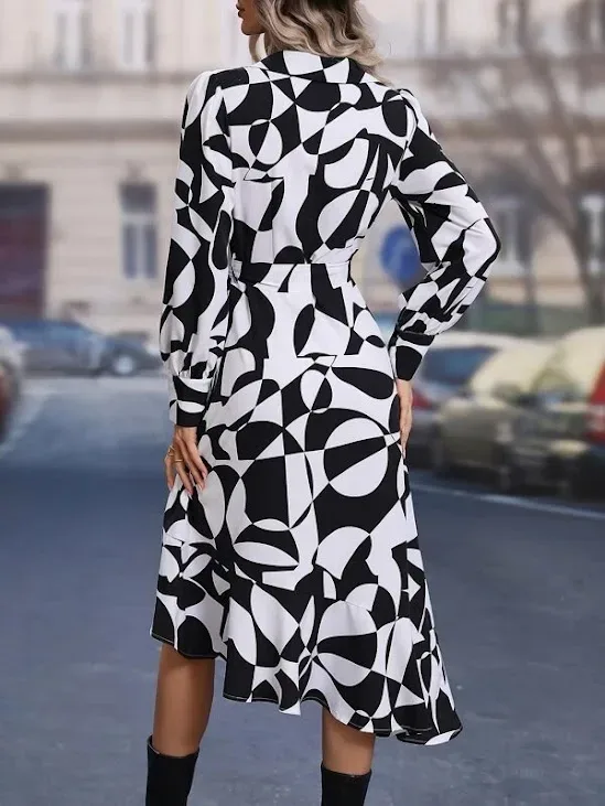 Vestido para dama color blanco y negro cruzado con estampado geométrico de manga obispo con cinturón