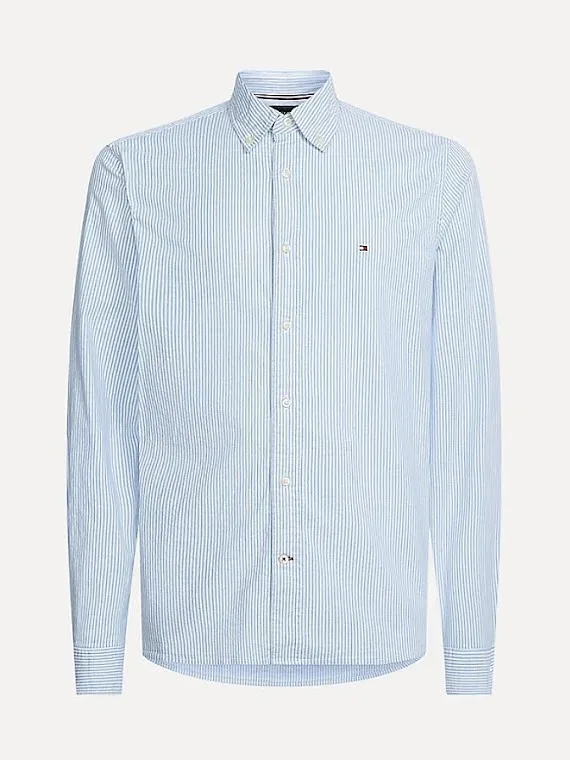 Camisa Tommy Hilfiger para caballero diseño a rayas color celeste y blanco