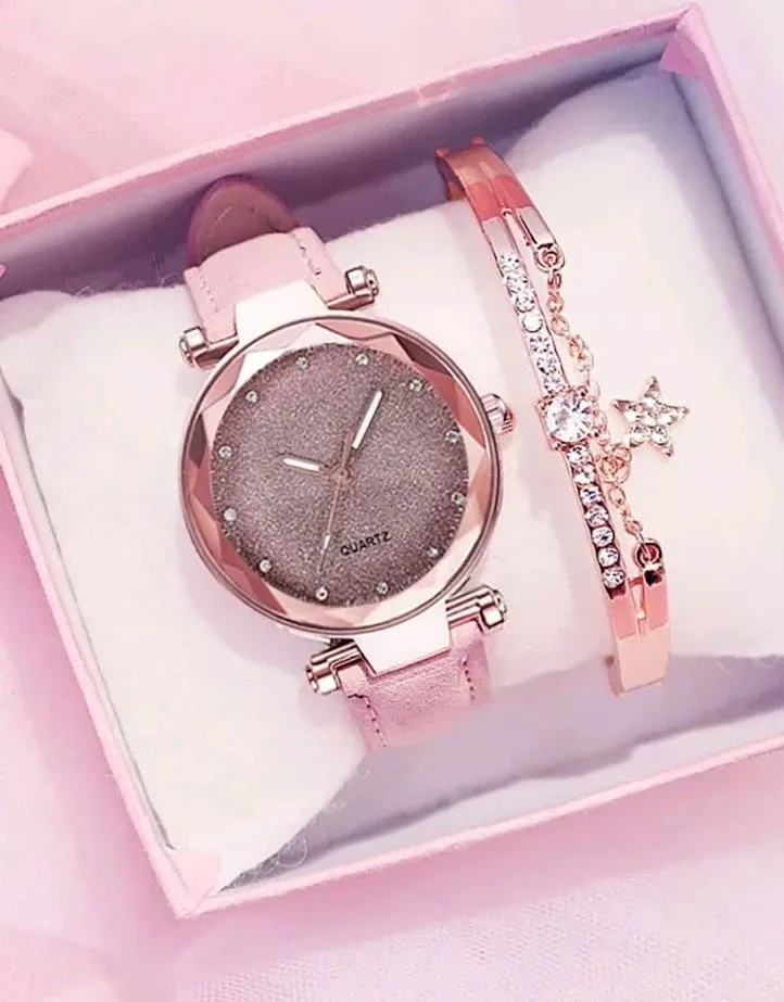 Reloj para dama color rosa con pulsera