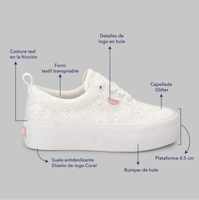 Tenis Coral Natsumi White  Glitter para dama