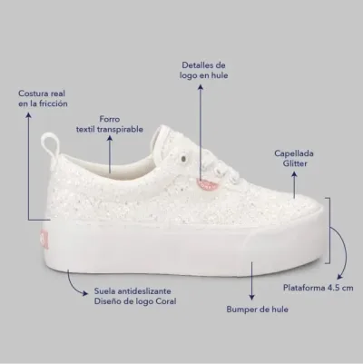 Tenis Coral Natsumi White  Glitter para dama