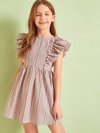 Vestido para niña color beige, con rayas color palo rosa, celeste y blanco