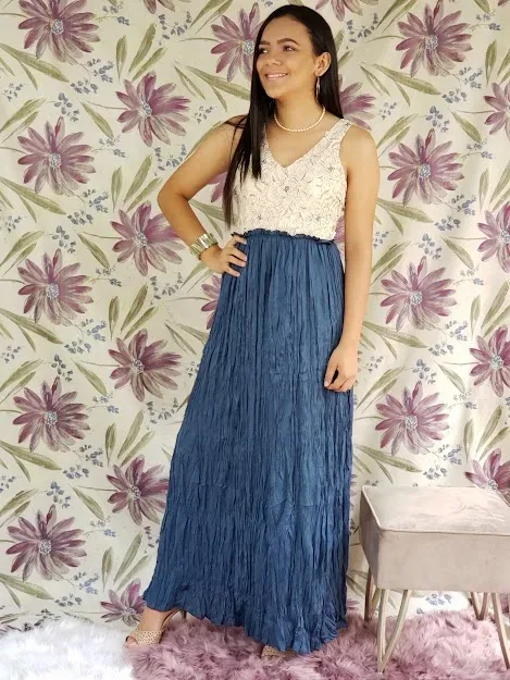 Vestido para dama color crema y turquesa