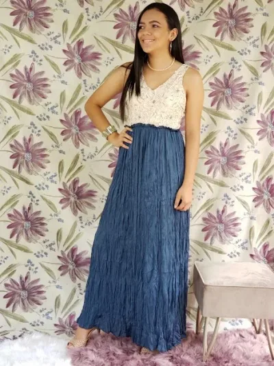 Vestido para dama color crema y turquesa
