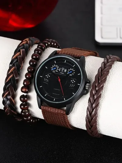 Reloj para caballero cuarzo puntero redondo con tira de malla con 3 piezas pulsera
