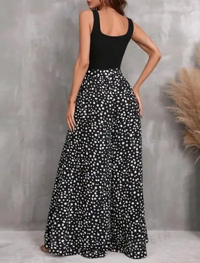 Enterizo largo para dama color negro con diseño de puntos blancos