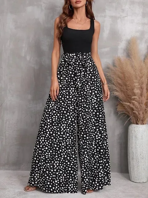 Enterizo largo para dama color negro con diseño de puntos blancos