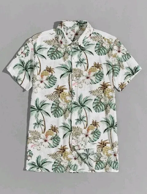 Camisa para caballero color blanco con estampado de hojas tropicales