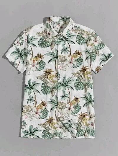 Camisa para caballero color blanco con estampado de hojas tropicales