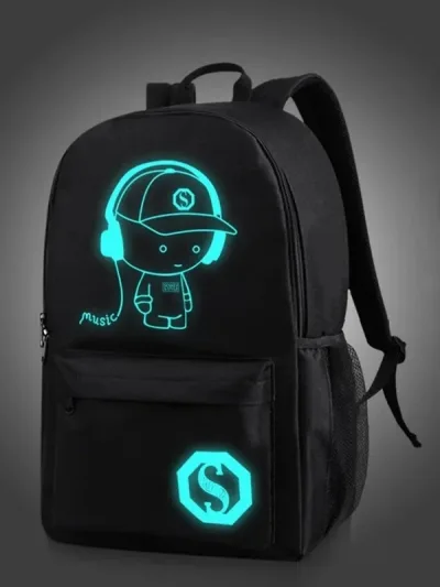 Mochila color negro con diseño animado