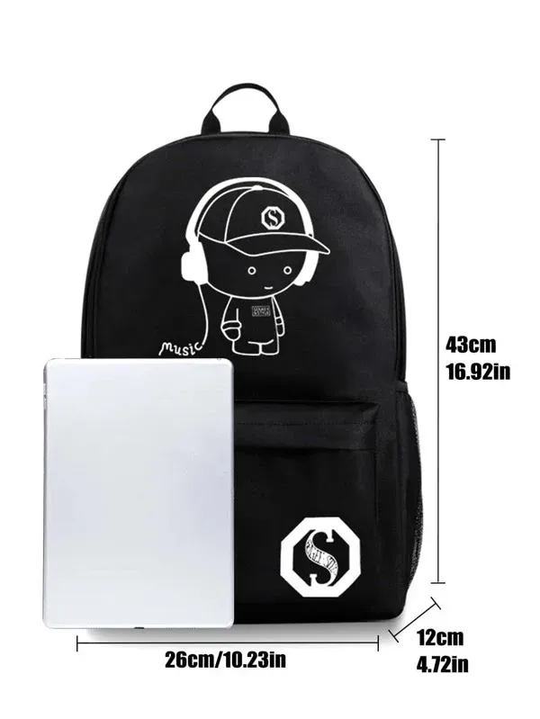 Mochila color negro con diseño animado