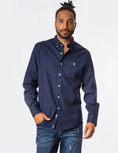 Camisa US Polo ASSN SLIM FIT para caballero color azul con estampado de lunares