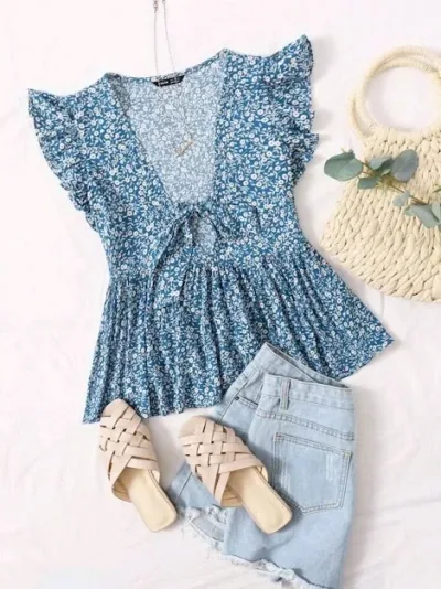 Blusa para dama diseño floral color azul