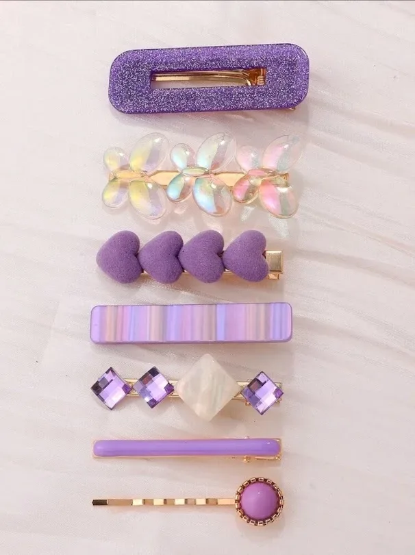 Set de prensas de cabello para dama diseño varios color morado y dorado