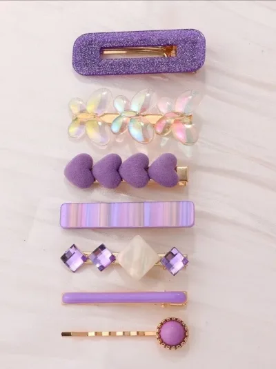 Set de prensas de cabello para dama diseño varios color morado y dorado