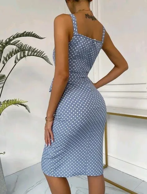 Vestido para dama color celeste con lunares blancos