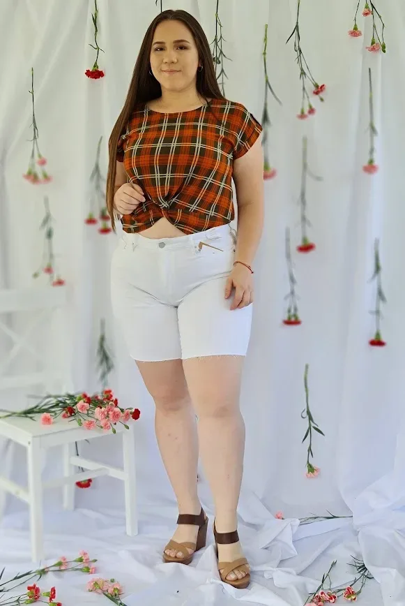 Blusa E y M para dama color terracota a rayas blancas con verde musgo