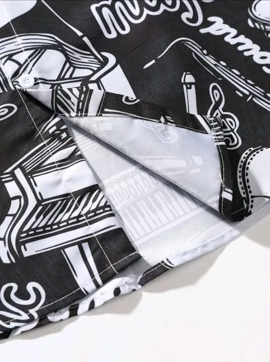 Camisa para caballero color negro con diseño musical.