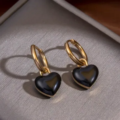 Argollas acero inoxidable para dama diseño corazon negro