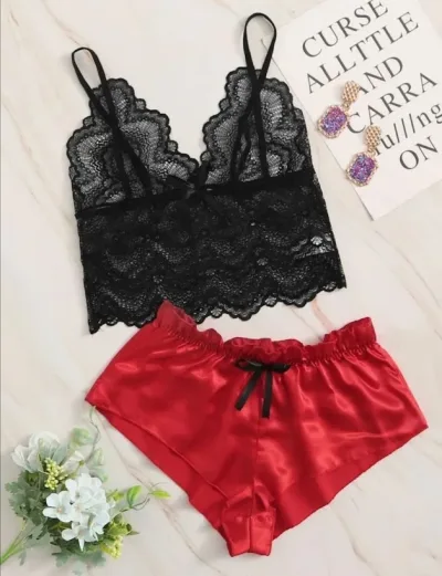 Conjunto de lencería para dama color negro y rojo