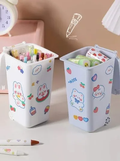 Caja de almacenamiento de papelería con diseño de bote de basura color blanco