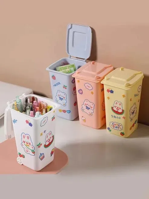 Caja de almacenamiento de papelería con diseño de bote de basura color blanco