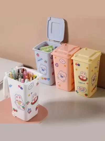 Caja de almacenamiento de papelería con diseño de bote de basura color blanco