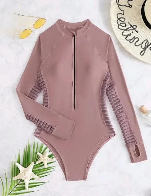 Vestido de baño para dama manga larga color rosa ahumado