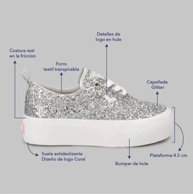 Tenis Coral Natsumi Silver Glitter para dama