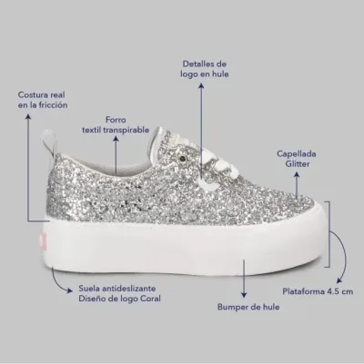 Tenis Coral Natsumi Silver Glitter para dama