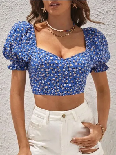 Crop Top azul floreado