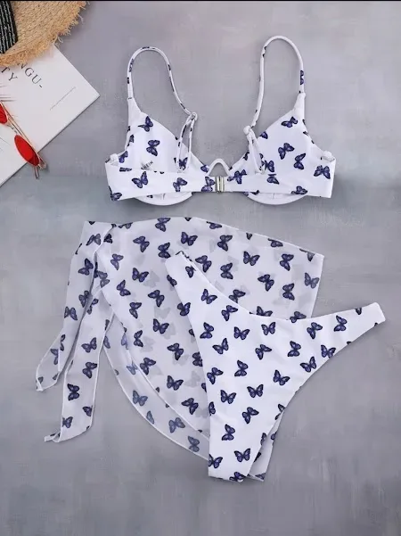 Vestido de baño para dama color blanco con estampado de mariposas