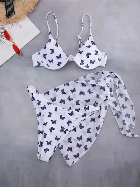 Vestido de baño para dama color blanco con estampado de mariposas