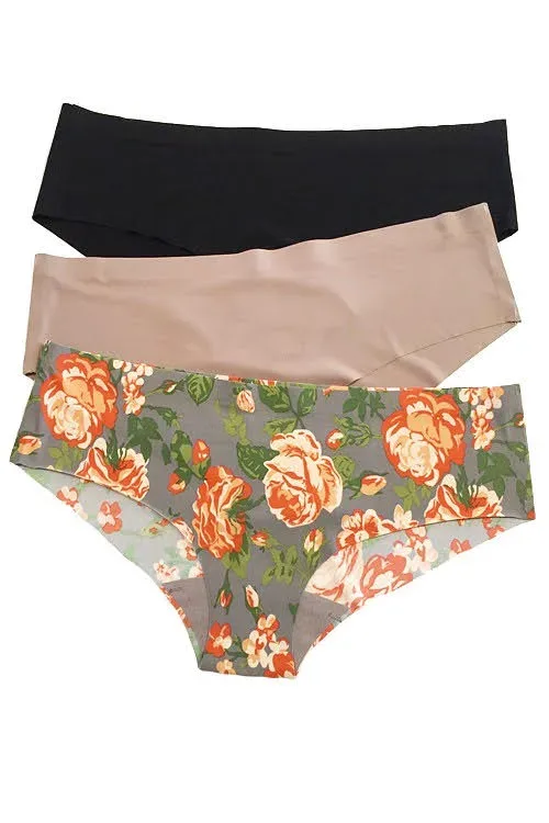 Set de bragas brasileras para dama de color negro, beige y estampado floral