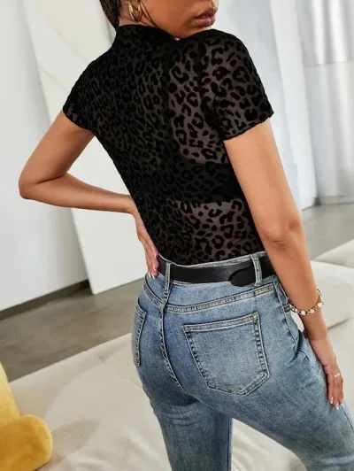 Body para dama color negro de leopardo patrón transparente de malla