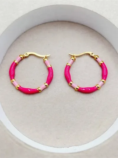 Argollas de acero inoxidable para dama color fucsia y rosado