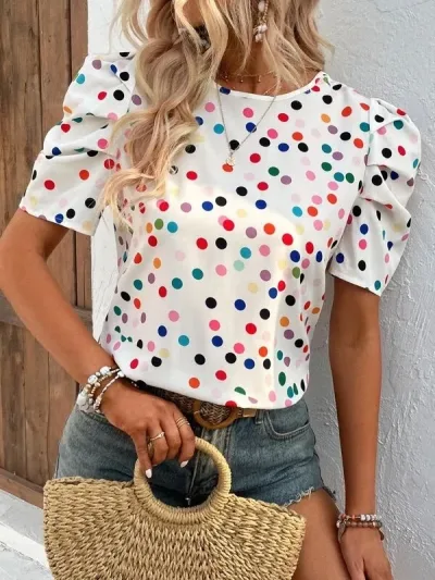 Blusa para dama color blanco con estampado de colores y manga de farol