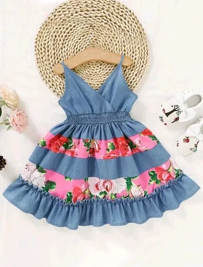 Vestido para niña color azul y franjas rosadas