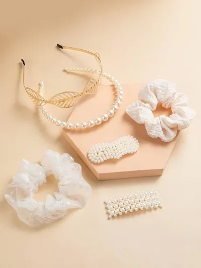 Set accesorios de cabello para dama diseño varios color dorado y blanco