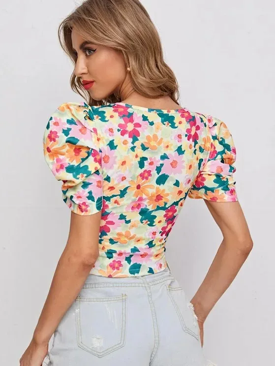 Blusa para dama con estampado floral de manga farol