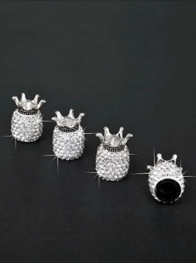 Protector de válvula para coche diseño de corona con diamante de imitación color blanco y plateado