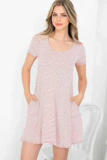 Vestido para dama diseño a rayas color beige y rojo