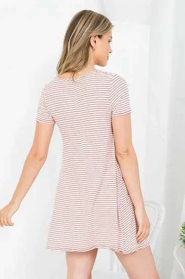 Vestido para dama diseño a rayas color beige y rojo