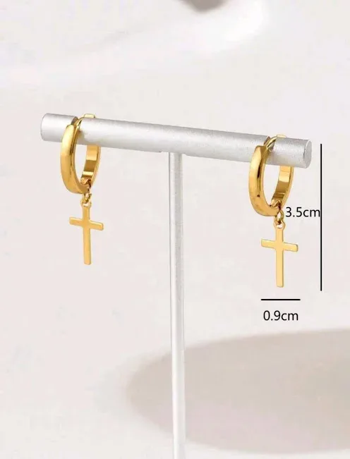 Argollas de acero inoxidable para dama con dije de cruz